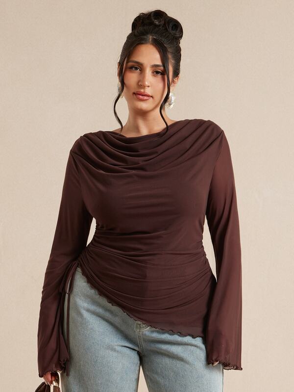 SHEIN BAE CURVE Plus Size Women Brown Mesh Long Sleeve Top, Elegant Blouse