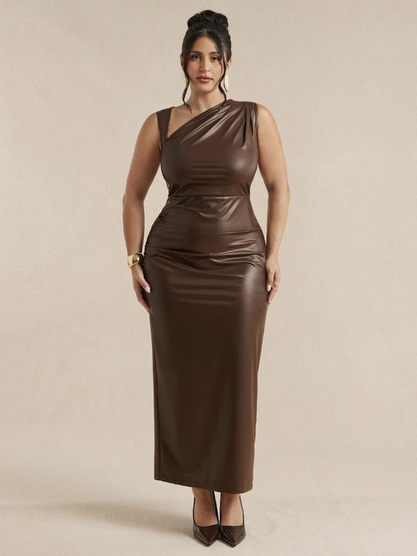 SHEIN BAE CURVE Plus Size Women's Khaki PU Fabric Straight Elegant Dress,PU Leather Ruched Elegant Waist-Cinching Party Long Dress Autumn Elegant Halloween Christmas