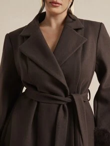 SHEIN BAE CURVE Plus Size Women's Vintage Elegant Faux Fur Patchwork Cuff Lapel Jacket Fall Evening Office Grey - Brown - View 7