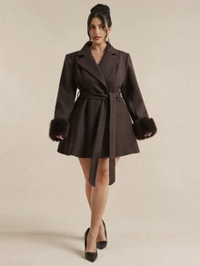 SHEIN BAE CURVE Plus Size Women's Vintage Elegant Faux Fur Patchwork Cuff Lapel Jacket Fall Evening Office Grey - Brown - View 3
