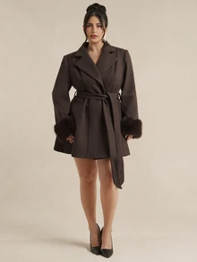 SHEIN BAE CURVE Plus Size Women's Vintage Elegant Faux Fur Patchwork Cuff Lapel Jacket Fall Evening Office Grey - Brown - View 1