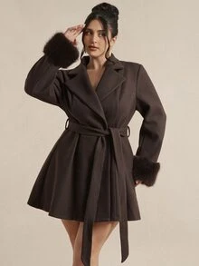SHEIN BAE CURVE Plus Size Women's Vintage Elegant Faux Fur Patchwork Cuff Lapel Jacket Fall Evening Office Grey - Brown - View 6