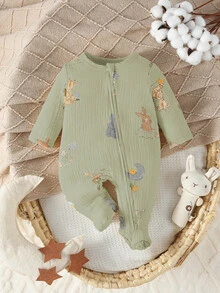 Newborn Sage Green Long Sleeve Footie Pajamas, Cute Cartoon Graphic Pattern, Baby Casual Gender Neutral Zipper Jumpsuit, Fall Autumn - Multicolor - View 2