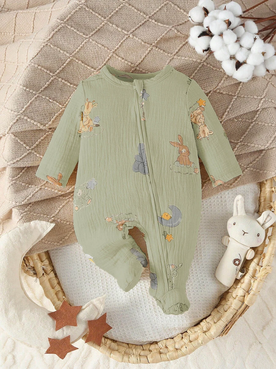 Newborn Sage Green Long Sleeve Footie Pajamas, Cute Cartoon Graphic Pattern, Baby Casual Gender Neutral Zipper Jumpsuit, Fall Autumn