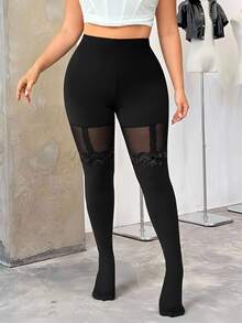 SHEIN EZwear Plus Size Women's Valentines Clothes,Black Mesh Lace Trim Leggings,Spring Summer Clothes - Black - View 5