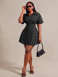 Radiana Plus Size Striped Button Front Minimalist Sexy Casual Short Sleeve Dress Mini For Women Elegant Brunch Vacation Formal Office Black And White Summer - Black - View 3