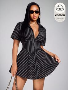 Radiana Plus Size Striped Button Front Minimalist Sexy Casual Short Sleeve Dress Mini For Women Elegant Brunch Vacation Formal Office Black And White Summer - Black - View 5