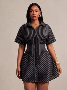 Radiana Plus Size Striped Button Front Minimalist Sexy Casual Short Sleeve Dress Mini For Women Elegant Brunch Vacation Formal Office Black And White Summer - Black - View 6