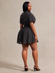 Radiana Plus Size Striped Button Front Minimalist Sexy Casual Short Sleeve Dress Mini For Women Elegant Brunch Vacation Formal Office Black And White Summer - Black - View 2