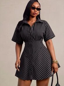 Radiana Plus Size Striped Button Front Minimalist Sexy Casual Short Sleeve Dress Mini For Women Elegant Brunch Vacation Formal Office Black And White Summer - Black - View 7