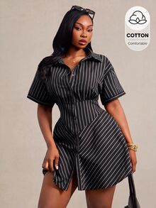 Radiana Plus Size Striped Button Front Minimalist Sexy Casual Short Sleeve Dress Mini For Women Elegant Brunch Vacation Formal Office Black And White Summer - Black - View 1