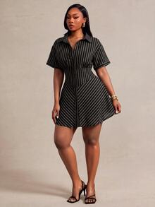 Radiana Plus Size Striped Button Front Minimalist Sexy Casual Short Sleeve Dress Mini For Women Elegant Brunch Vacation Formal Office Black And White Summer - Black - View 4