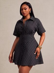 Radiana Plus Size Striped Button Front Minimalist Sexy Casual Short Sleeve Dress Mini For Women Elegant Brunch Vacation Formal Office Black And White Summer - Black - View 8