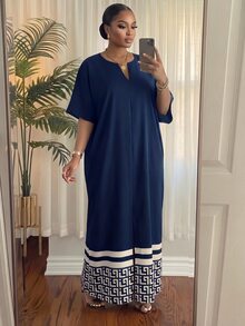 SHEIN Lady CURVE 大尺碼女款純色缺口V領優雅夏季洋裝，適合晚宴、早茶會、生日、婚禮、早午餐、辦公室、約會之夜、賓客穿著，海軍藍 - 藏蓝色 - 查看 4