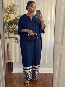 SHEIN Lady CURVE 大尺碼女款純色缺口V領優雅夏季洋裝，適合晚宴、早茶會、生日、婚禮、早午餐、辦公室、約會之夜、賓客穿著，海軍藍 - 藏蓝色 - 查看 5