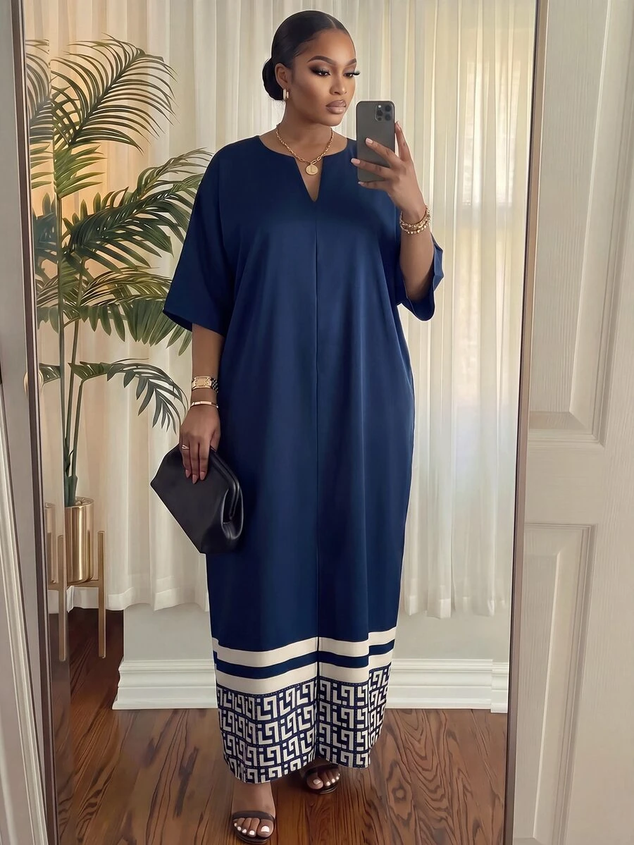 SHEIN Lady CURVE 大尺碼女款純色缺口V領優雅夏季洋裝,適合晚宴、早茶會、生日、婚禮、早午餐、辦公室、約會之夜、賓客穿著,海軍藍 - 藏蓝色 - 查看 1