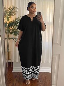SHEIN Lady CURVE 大尺碼女款缺口V領休閒優雅傳統日常夏季洋裝 正式生日早午餐 黑白配色 - 黑與白 - 查看 5