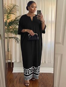 SHEIN Lady CURVE 大尺碼女款缺口V領休閒優雅傳統日常夏季洋裝 正式生日早午餐 黑白配色 - 黑與白 - 查看 4