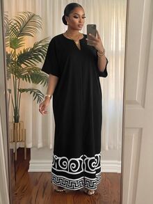 SHEIN Lady CURVE 大尺碼女款缺口V領休閒優雅傳統日常夏季洋裝 正式生日早午餐 黑白配色 - 黑與白 - 查看 3