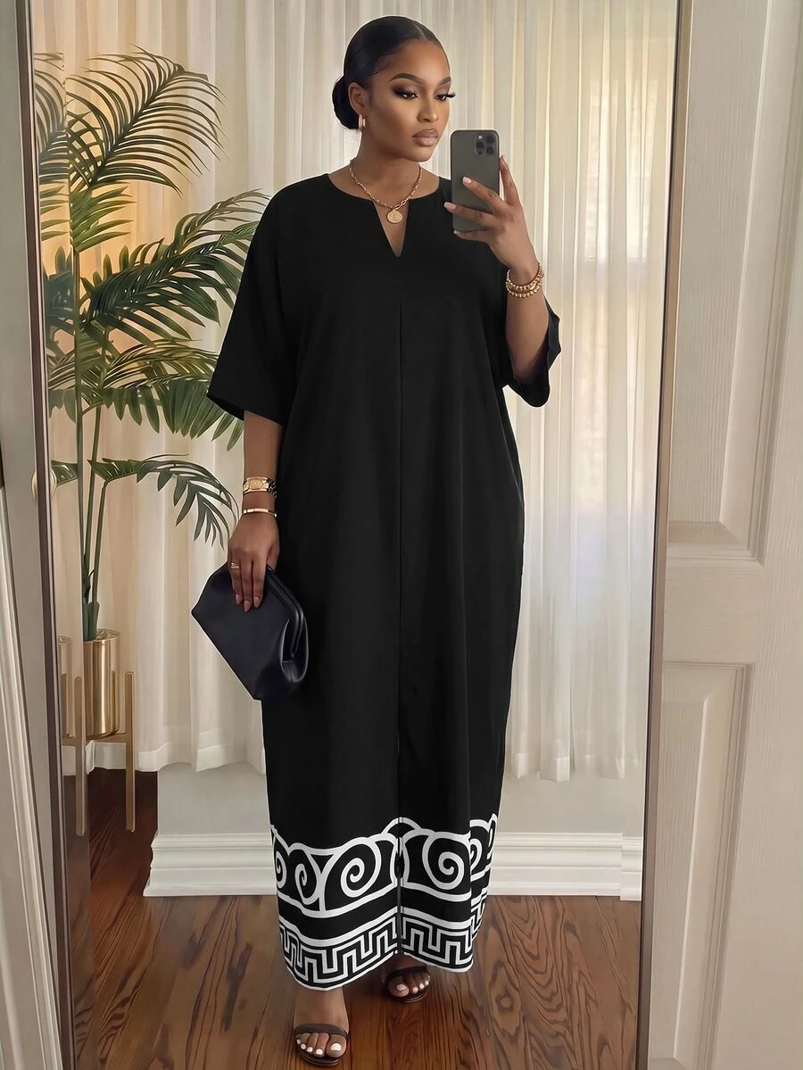 SHEIN Lady CURVE 大尺碼女款缺口V領休閒優雅傳統日常夏季洋裝 正式生日早午餐 黑白配色 - 黑與白 - 查看 1