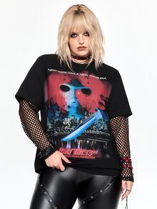 Friday the 13th X ROMWE IP Collab Friday The 13th Graphic Print Mesh Patchwork Halloween Plus Size Women Loose Fit T-Shirt - Hitam - View 6