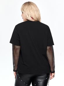 Friday the 13th X ROMWE IP Collab Friday The 13th Graphic Print Mesh Patchwork Halloween Plus Size Women Loose Fit T-Shirt - Hitam - View 3