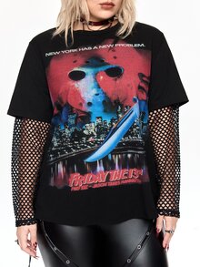 Friday the 13th X ROMWE IP Collab Friday The 13th Graphic Print Mesh Patchwork Halloween Plus Size Women Loose Fit T-Shirt - Hitam - View 4