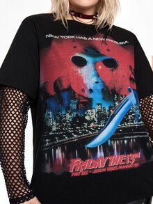 Friday the 13th X ROMWE IP Collab Friday The 13th Graphic Print Mesh Patchwork Halloween Plus Size Women Loose Fit T-Shirt - Hitam - View 2