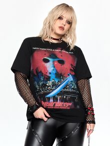 Friday the 13th X ROMWE IP Collab Friday The 13th Graphic Print Mesh Patchwork Halloween Plus Size Women Loose Fit T-Shirt - Hitam - View 1