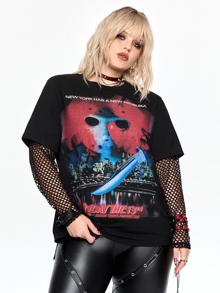 Friday the 13th X ROMWE IP Collab Friday The 13th Graphic Print Mesh Patchwork Halloween Plus Size Women Loose Fit T-Shirt - Hitam - View 1