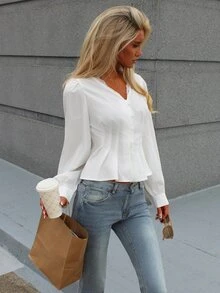 Sydney Algeri Women's Elegant White Summer Peplum Blouse,Lace Trim Lantern Sleeve Chic Vintage French Style,Perfect For Graduation,Party,Vacation&Date - White - View 6
