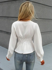 Sydney Algeri Women's Elegant White Summer Peplum Blouse,Lace Trim Lantern Sleeve Chic Vintage French Style,Perfect For Graduation,Party,Vacation&Date - White - View 2