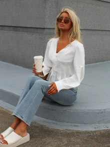 Sydney Algeri Women's Elegant White Summer Peplum Blouse,Lace Trim Lantern Sleeve Chic Vintage French Style,Perfect For Graduation,Party,Vacation&Date - White - View 4