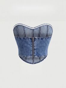 SHEIN MOD 牛仔藍夏季純色牛仔抹胸上衣 秋季外出夜店街頭風性感 - 深色水洗藍 - 查看 3