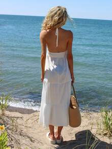 Sydney Algeri Vacation Casual Embroidered Lace Up Backless A-Line Dress Elegant Party - White - View 2