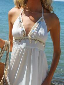 Sydney Algeri Vacation Casual Embroidered Lace Up Backless A-Line Dress Elegant Party - White - View 6