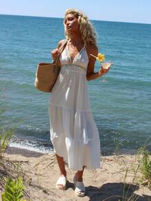 Sydney Algeri Vacation Casual Embroidered Lace Up Backless A-Line Dress Elegant Party - White - View 1