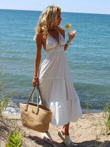 Sydney Algeri Vacation Casual Embroidered Lace Up Backless A-Line Dress Elegant Party - White - View 5