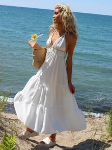 Sydney Algeri Vacation Casual Embroidered Lace Up Backless A-Line Dress Elegant Party - White - View 3