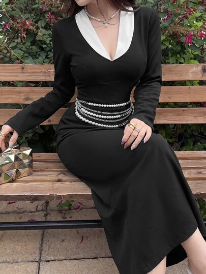 Feyla Women's Contrast Color V-Neck Long Sleeve Elegant Mature Midi Dress Teachers' Day Office Dinner Black And White Autumn Pearl Chain Belt