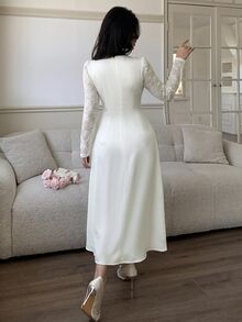 Feyla Women's Elegant Romantic Lace Patchwork Midi Dress Wedding Farewell Off-White Autumn - Apricot - View 6
