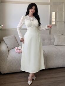 Feyla Women's Elegant Romantic Lace Patchwork Midi Dress Wedding Farewell Off-White Autumn - Apricot - View 7