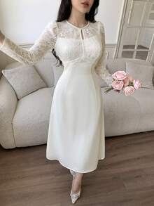 Feyla Women's Elegant Romantic Lace Patchwork Midi Dress Wedding Farewell Off-White Autumn - Apricot - View 4