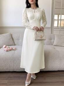 Feyla Women's Elegant Romantic Lace Patchwork Midi Dress Wedding Farewell Off-White Autumn - Apricot - View 5