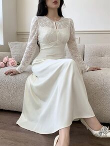 Feyla Women's Elegant Romantic Lace Patchwork Midi Dress Wedding Farewell Off-White Autumn - Apricot - View 2