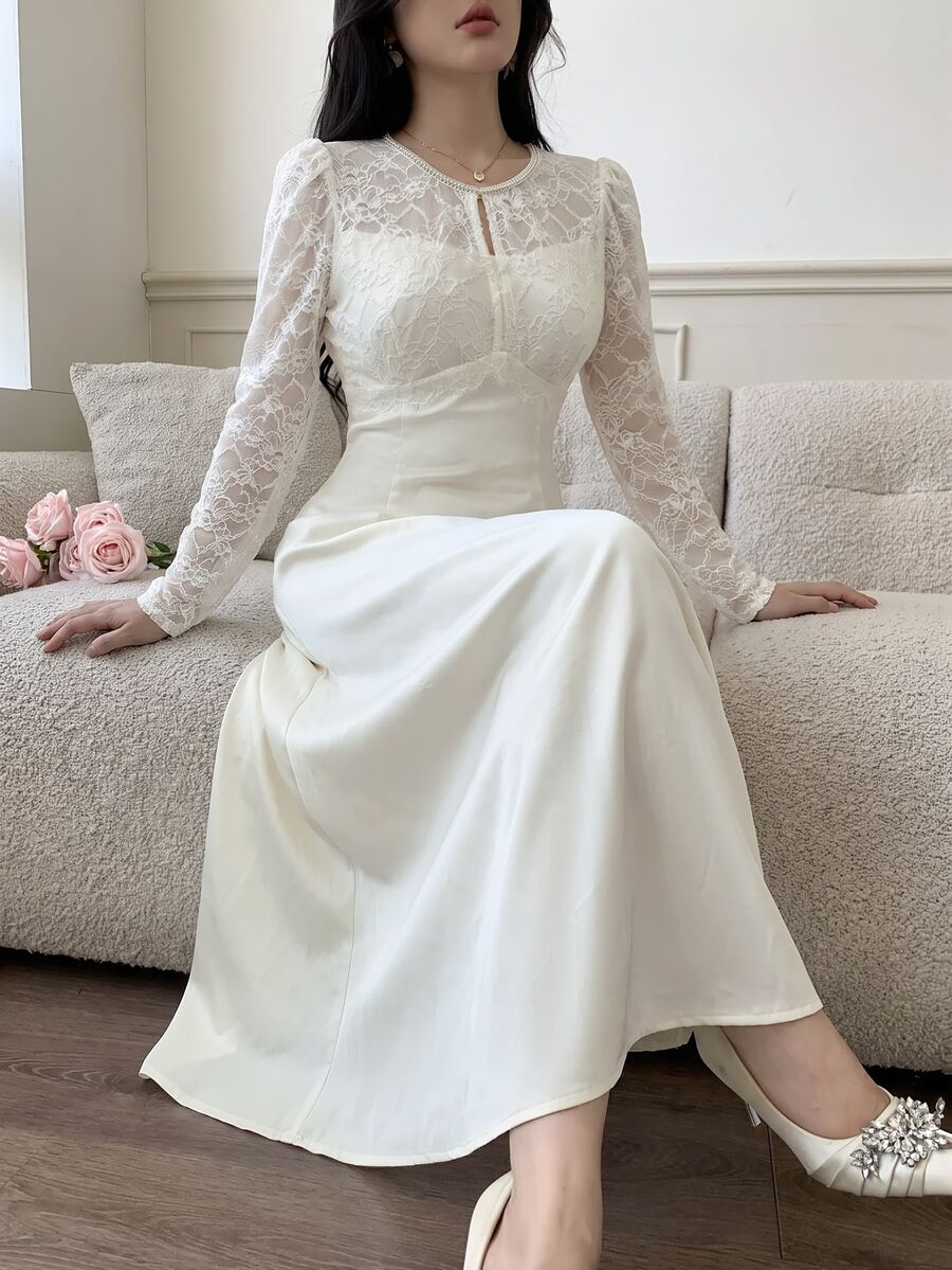 Feyla Women's Elegant Romantic Lace Patchwork Midi Dress Wedding Farewell Off-White Autumn