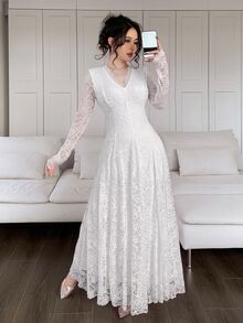Feyla Vestido largo elegante y romántico con cuello en V, encaje floral blanco para mujer, para boda, cita, cena formal, madre de la novia, boda de otoño - Blanco - Ver 6
