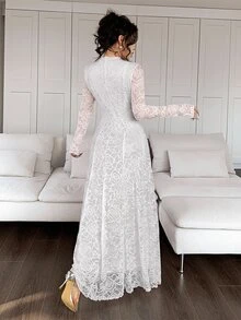Feyla Vestido largo elegante y romántico con cuello en V, encaje floral blanco para mujer, para boda, cita, cena formal, madre de la novia, boda de otoño - Blanco - Ver 5