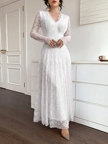 Feyla Vestido largo elegante y romántico con cuello en V, encaje floral blanco para mujer, para boda, cita, cena formal, madre de la novia, boda de otoño - Blanco - Ver 7