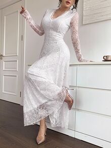 Feyla Vestido largo elegante y romántico con cuello en V, encaje floral blanco para mujer, para boda, cita, cena formal, madre de la novia, boda de otoño - Blanco - Ver 4